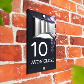 Custom Signs Solar Illuminated Modern Anthracite House Number Sign 24cm x 14.5cm Purple Flower Design