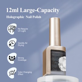 Bevimee Holographic Nail Polish-Iridescent Black Glitter Nail Lacquer Polish Quick Dry, Sparkly Nail Magic, No UV Light Chrome Nail Polish Air Dry Long Lasting, 12ml