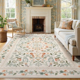 Lahome Floral Area Rug 9x12, Non-Slip Untra-Thin Washable Living Room Rugs, Vintage Botanical Print Low-Pile Soft Carpet for Bedroom Dining Room Office, Beige