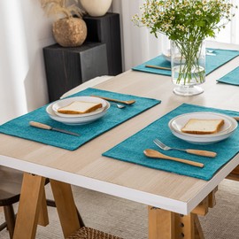 Kevin Textile Burlap Linen Placemats Set of 6 Heat Resistant Dining Table Place Mats Washable Kitchen Table Mats for Dinning Party Holiday Indoor Outdoor, 13 x19 inches,Peacock Blue