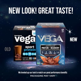 Vega Protein + Recovery - 30g Plant-Based Protein per Serving, Chocolate, 12 x 1.6oz Sachets, 5g BCAAs, Probiotics, NSF Certified, for Shakes & Smoothies, (Packaging May Vary)