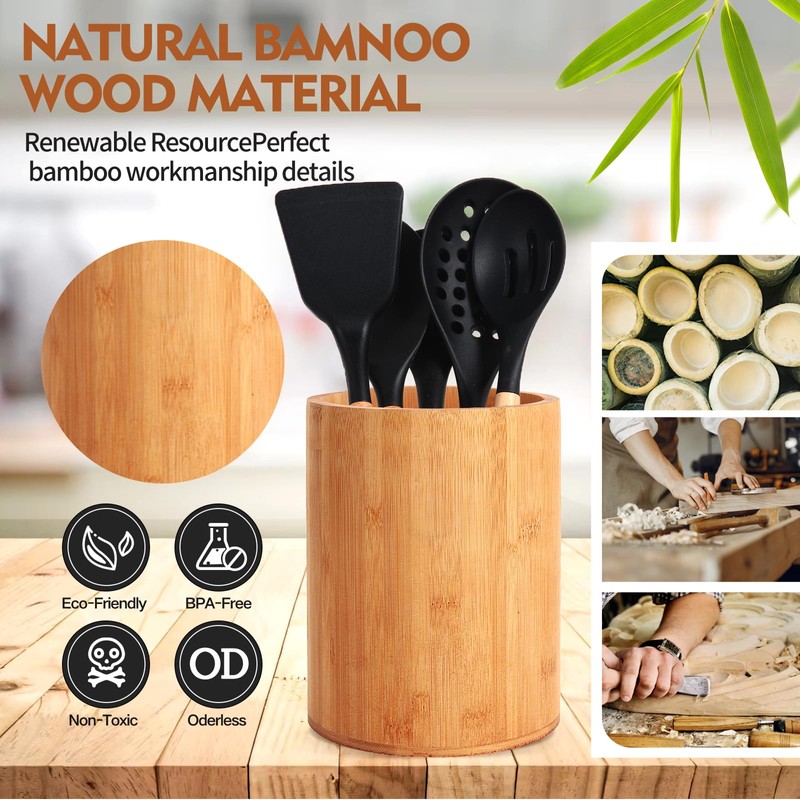 Bamboo Utensil Holder, Large Utensil Holders for Kitchen Counter, Bamboo