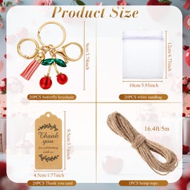 Ecation 20 Set Cherry Keychain Party Favor Set Steel Keyring with Tassel Red Cherry Charm Aesthetic Accessories Souvenir Present with Kraft Tag Organza Bag for Guests Wedding Baby Shower Party