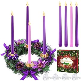 MCEAST 11.8 Inch Christmas Advent Wreath Candle Holder Purple Ribbon Advent Wreath Centerpiece Decoration with 4 Flameless Taper Candles for X-mas Advent Holiday Party Decor (Battery not Included)