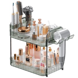 AmzAge Bathroom Countertop Organizer,Makeup Counter Organizer With Hair Dryer Holder,Compatible with Dyson Blow Dryer,Electric Toothbrush And Toothpaste Holder,2-Tier Detachable Design,Gem Green