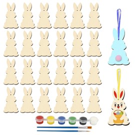 GWAWG 24PCS DIY Wooden Easter Bunny Decorations for Kids,Unfinished Easter Rabbit Hanging Decorations,Easter Bunny Decorating Kit Arts &Crafts for Kids Easter Gifts Home Decor