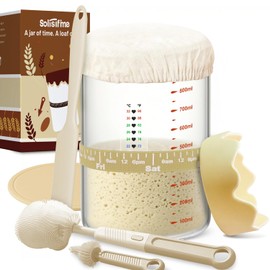 Pro Sourdough Starter 10-In-1 Kit – 34 Oz Glass Jar With Lid, Cloth Cover, Date Band, Brush, Temp Strip, Silicone Spatula, Heating Mat – Sourdough Bread Baking Supplies, Glass Container, Beige