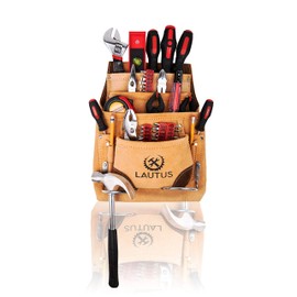 LAUTUS Leather Tool Pouch Bag |Carpenter, Construction, Framers, Handyman |2 Hammer Holders, 8 Pockets|
