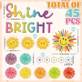 JarThenaAMCS Summer Shine Bright Sun Bulletin Board Set Colored Sun Paper Cutouts with 100 Pcs Glue Points Cute Cut-Outs for Classroom Home Tropical Hawaiian Sunshine Party Decor Supplies, 45 Pcs