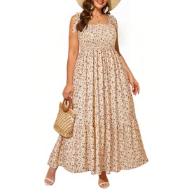 Women Plus Size Summer Dresses Floral Sleeveless Sundress Spaghetti Strap Smocked Casual Maxi Dress with Pockets