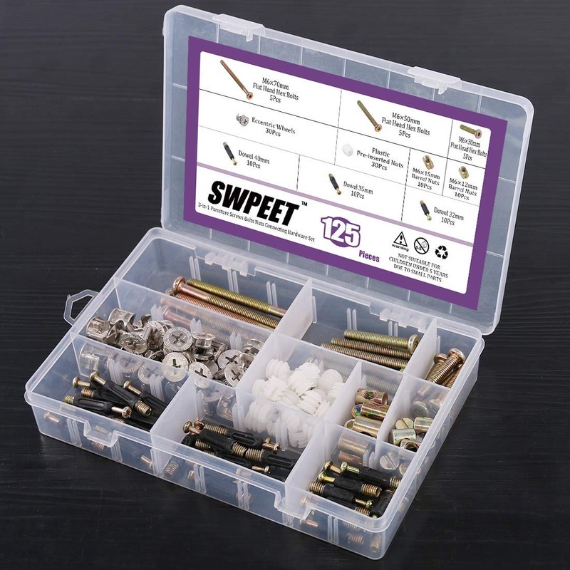 125Pcs 3 in 1 Furniture Crib Hardware Screws Connecting Fittings