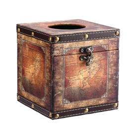 Kokone Wooden Aesthetic Tissue Box Cover with PU Leather Surface, Antique Decorative Cube Tissue Box Holder, Square Vintage Countertop Tissue Holder for Bedroom Bathroom Office Home Decor