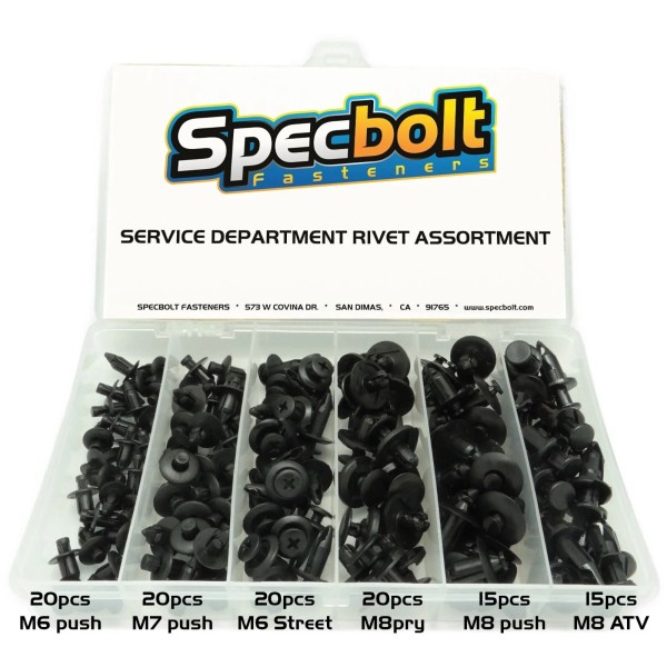 SPECBOLT PLASTIC PUSH RIVET ASSORTMENT FOR MOTORCYCLE SERVICE DEPARTMENTS