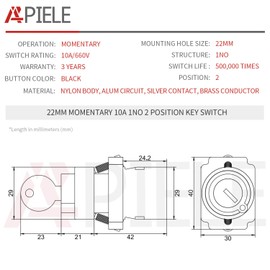 APIELE 22MM 2 Position Key Switch Momentary 1NO XB2-10Y/22 (2 Position Momentary)
