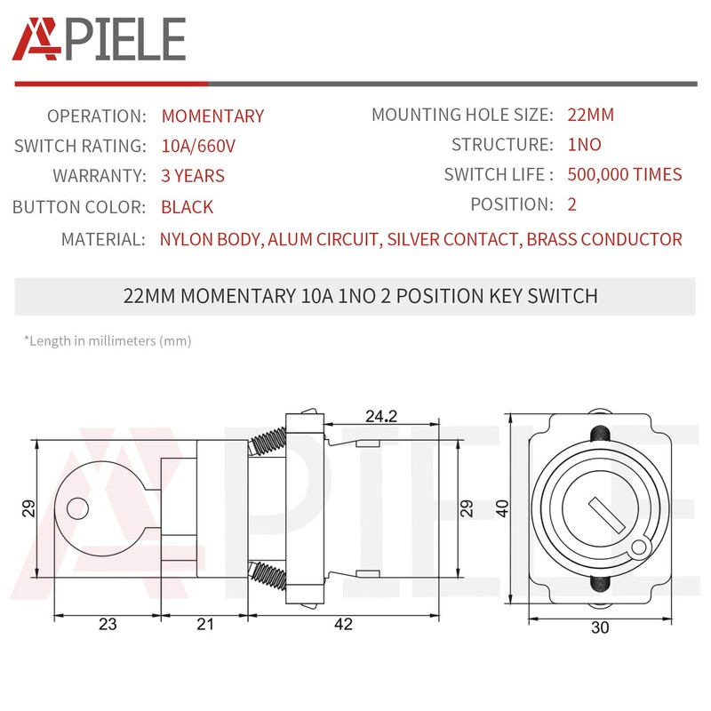 APIELE 22MM 2 Position Key Switch Momentary 1NO XB2-10Y/22 (2