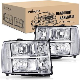 Nilight Headlight Assembly Compatible for 2007 2008-2013 GMC Sierra 1500 2008-2014 GMC Sierra 2500 HD 3500 HD Chrome Housing Clear Corner Clear Lens, Headlights Assembly Replacement