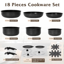 SODAY 17 Pcs Pots and Pans Set Non Stick, Cookware Sets with Detachable Handle, Nonstick RV Kitchen Cooking Tools Removable Handles, Oven Safe, Induction Fast, Stackable Induction Cookware, Black