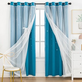 UNISTAR 2 Panels Stars Blackout for Bedroom Living Room Girls Kids Baby Room, Double Layer Star Cut Out Window Curtain, W34 x L63 Inch Length, Turquoise