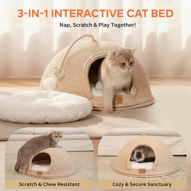 Cat Cave Bed with Washable Cushion and Ball, Handwoven Cotton