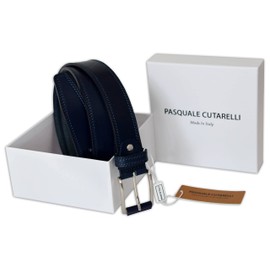 PASQUALE CUTARELLI Mens Plain Italian Bullhide Leather Belt with Double Stitch Navy Blue X-Large 42 Inches