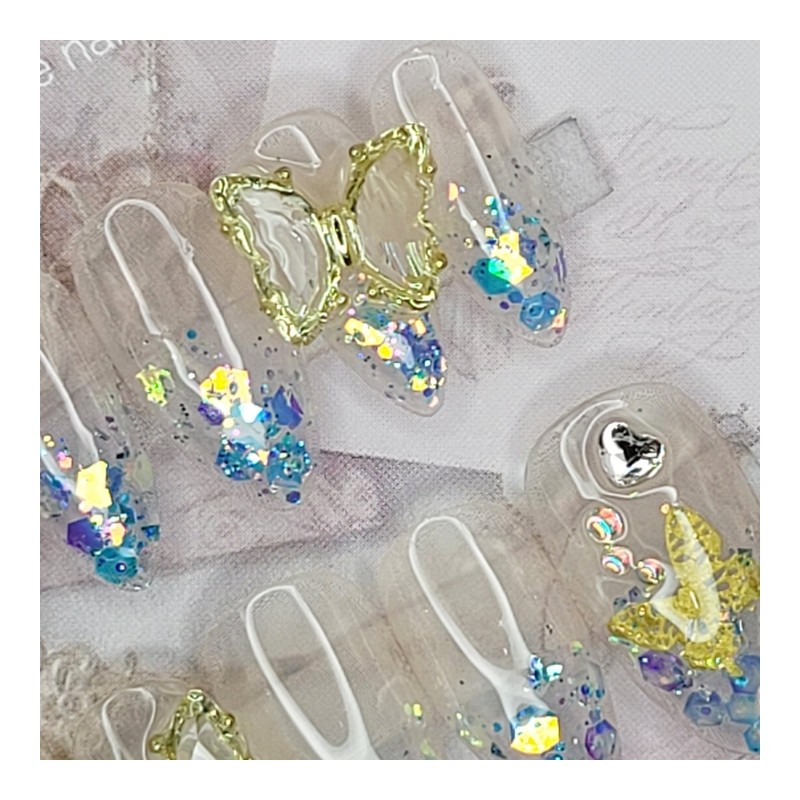 Sky Blue Butterfly Handmade Nail Tips - Coffin Egg /