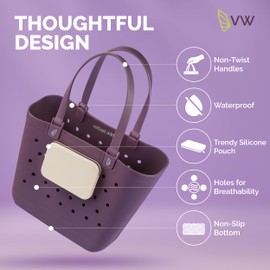 Velvet Wing Large Rubber Beach Tote Bag – Waterproof Rubber Tote Bag with Holes for Sand-Free Beach Days, Pool & Travel & Groceries - Includes Silicone Pouch, Non Twist Handles (Italian Plum)