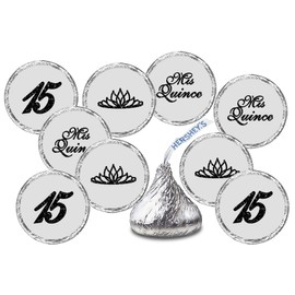 Mis Quince Birthday Black Kisses Stickers, (Set of 216), Quinceanera Chocolate Drops Labels, 15 Party Decoration Favors Decor for Kisses. Made in USA.