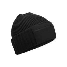 Beechfield - Zip Patch Beanie Beanie with Double Layer Knit - Beanie Hat Men, Beanie Hats for Women, Winter Hat, Thermal Hat - Contains Recycled Polyester Black