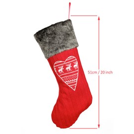 Dibor Red Knitted Nordic Stocking with Heart Stitching and Faux Fur Cuff 51cm