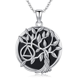 YYmqmq Sobriety Gifts Sterling Silver Tree of Life Pendant Black Onyx Tree Necklace AA Recovery Jewelry Alcoholics Anonymous Gifts for Women Men