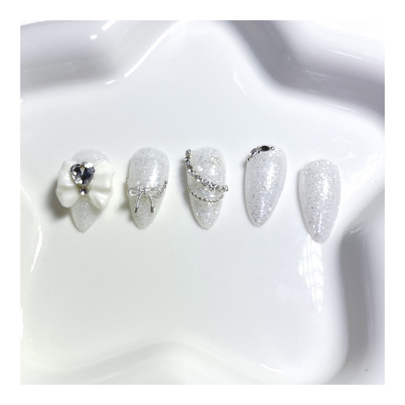 White Crystal Ribbon Nail - Short Oval / 화이트 크리스탈