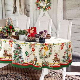 Yighty Oval Christmas Tablecloth 60 x 84in,Christmas Tree Elk Holiday Decoration Table Cloth,Polyester Waterproof and Wrinkle-Resistant Durable Christmas Tablecloth for Kitchen,Winter and Home Decor