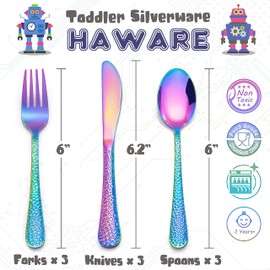 HaWare 9-Piece Toddler Kids Silverware Set, Stainless Steel Hammered Flatware, Preschooler Eating Utensils Includes 3 Spoons 3 Forks 3 Knives, Metal Children Cutlery for Home School, Mirror Finished