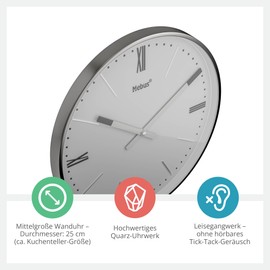 Mebus TinyTime Wall Clock with Roman Numerals, Wall Clock without Ticking Noise, Diameter 25 cm, Classic Dial in Grey, Case and Accents in Anthracite, 19780