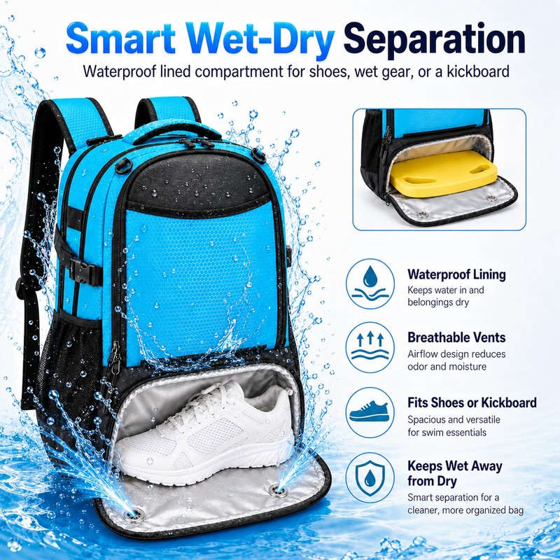 MIKIPLUM 35L Swim Backpack for Swimmers with Shoe Compartment