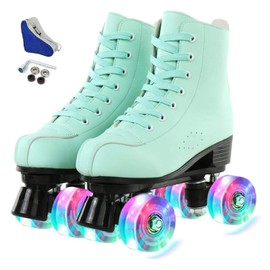 jessie PU Leather Roller Skates Roller Skates for Women Outdoor and Indoor Adjustable Four-Wheel Premium Roller Skates for Women Men Boys and Girls (Flash Wheel,Women's 8/ Men's 6.5)