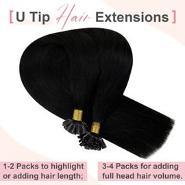 Easyouth Black U Tip Hair Extensions Human Hair Nail Tip Extensions Real Human Hair Jet Black Keratin Utips Human Hair Extensions #1 50g/50s 16inch