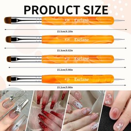 4PCS French Manicure Brush, Two Way Nail Art Brush with Dotting Tool for Cuticle Clean Up & Nail Art Design, French Nail Brush Professional Salon (Orange)