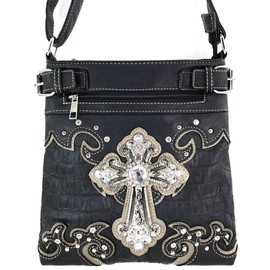 Justin West Cowgirl Western Rhinestone Cross Floral Embroidery Studded Concealed Carry Handbag Purse Trifold Crossbody Messenger Bag Wallet (Black Messenger)