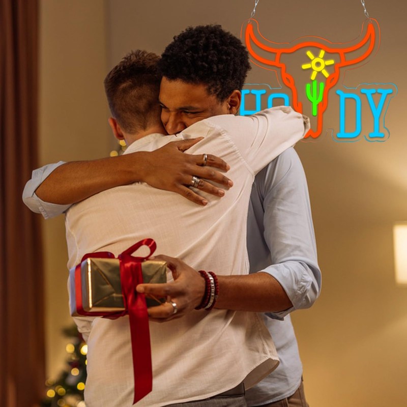 Vinray Howdy Cowboy Longhorn Rodeo Neon Sign for Western Decor,Hello