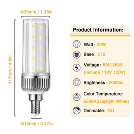 Aolang E12 LED Bulbs,20W LED Candelabra Bulbs,150 Watt Equivalent, Daylight White 6000K Chandelier Bulbs, E12 Base Ceiling Fan Light Bulbs, 85V-265V, 2000Lumen Corn Bulbs, Non-Dimmable (4 Pack)