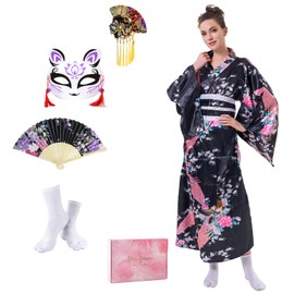 CRFASIBE Women's Long Kimono Robe Satin Bathrobe 5 Pieces Japanese Traditional Dress Costume Set Peacock Kimono Photography Cosplay Costume, black