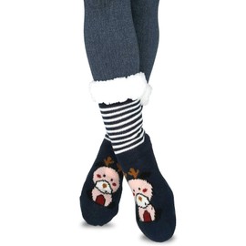 Womens Winter Cozy Thermal Crew Novelty Socks 3 Pairs 9-11 Funny Doggy Cat Deer Burgundy Navy Blue Charcoal Grey Stripes Non-Slip Bottoms