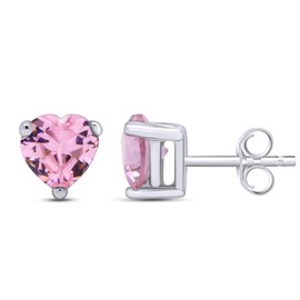 Heart Shape Simulated Pink Tourmaline Stud Earrings In 14K White Gold Over Sterling Silver
