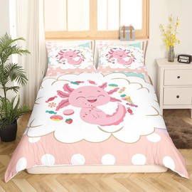 feelingyou Cartoon Axolotl Bed Linen Set, 135 x 200, Pink Cute Fish Candy Duvet Cover with 1 Pillow, Sham Comforter Cover for Children, Boys, Kawaii Girly Plaid Duvet Cover Set, Decorative, 2 Pieces