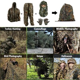 Ghillie Suit Camouflage 3D Leaf Hunting Chasse Outdoor Airsoft Camo Clothing with Hunting Gloves for Men (Height 3.6-4.9ft)