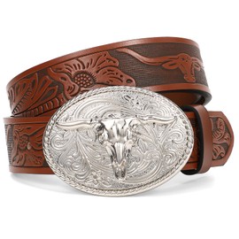 XZQTIVE Western Leather Belt for Men Women Cowgirl Cowboy Belt Country Belt Silver Buckle Tooled Leather Belt for Jeans