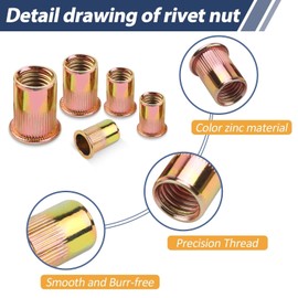 100 Pcs Rivet Nuts M4, Leryati Zinc Plated Threaded Rivet Inserts Flat Head Carbon Steel Blind Rivnuts, Nutsert Rivnuts Kit M4 Nut Pitch-0.7mm