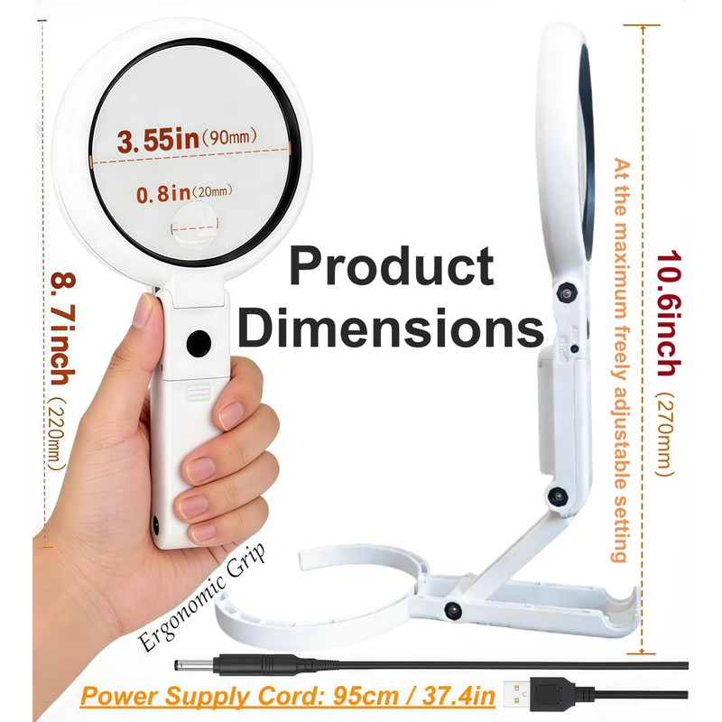 Magnifying Glass with Light and Stand, Foldable Handheld Large Magnifying