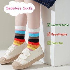 Marchare Girls Seamless Crew Cotton Socks Kids Casual Socks School Socks Rainbow Stripes Color F 5 Pack 6-8 Years